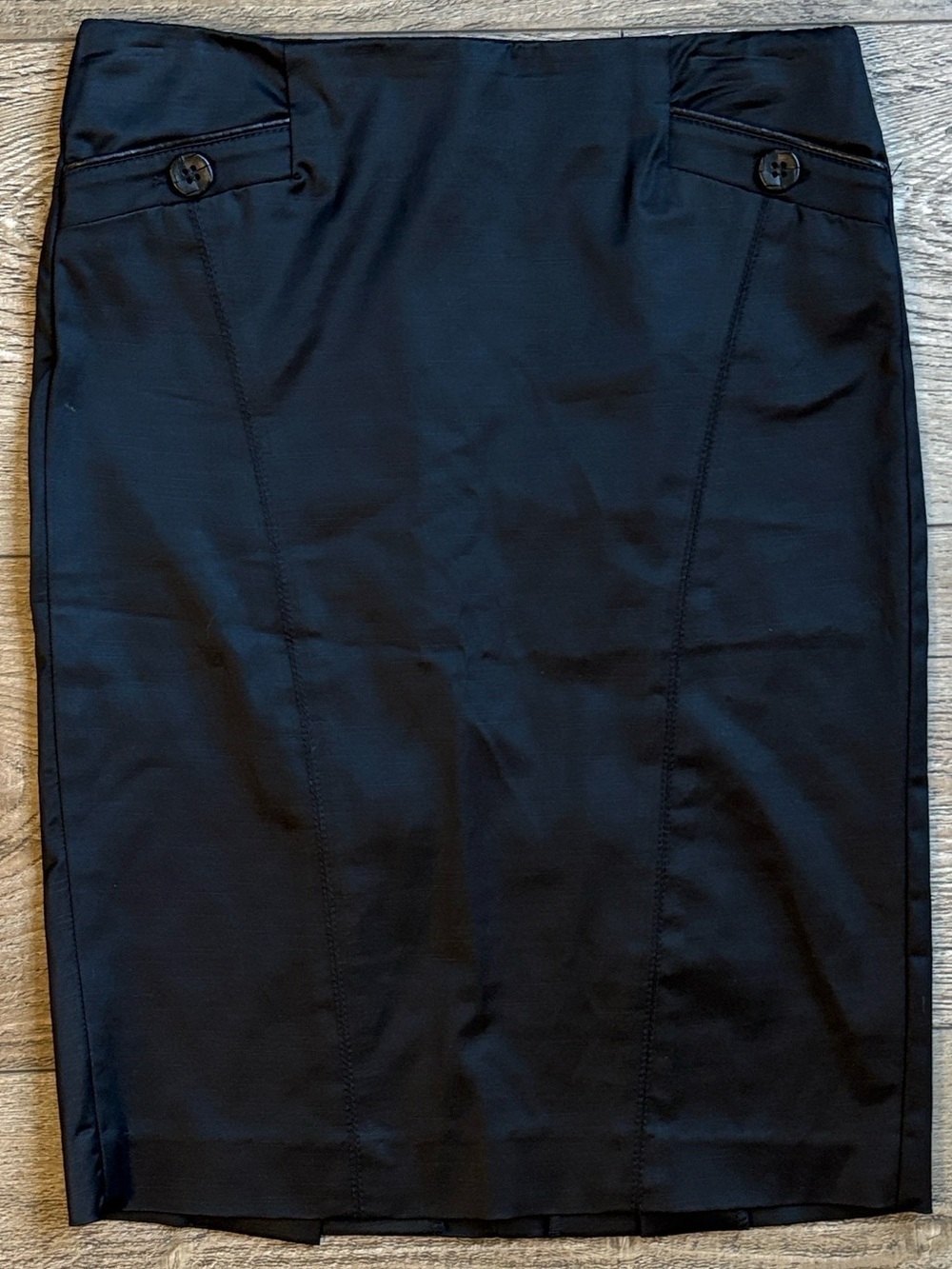 bebe Black Satin Pencil Midi Skirt w Button Accents at Leather Trim Pockets